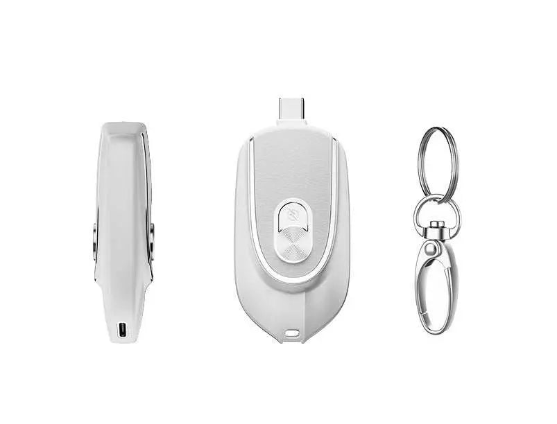 2 In 1 Mini Keychain Power Bank Keyring Hanging Buckle 2 Output Interfaces 5V 1200MAH Backup Power Bank Retractable Plug Waterproof Phone Charging Accessories White USB
