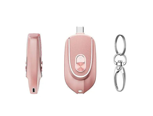 2 In 1 Mini Keychain Power Bank Keyring Hanging Buckle 2 Output Interfaces 5V 1200MAH Backup Power Bank Retractable Plug Waterproof Phone Charging Accessories Pink USB