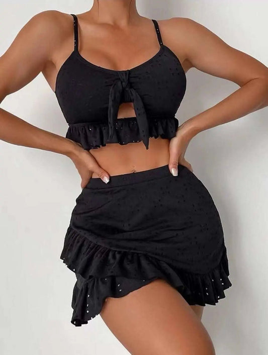 3pcs Beach Bikini With Hip-hugging Skirt Fashion Ruffle Design Swimsuit Set Summer Womens Clothing Black