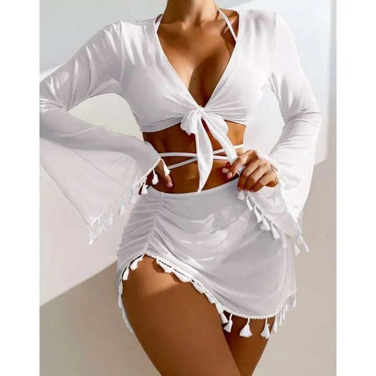 4pcs Solid Color Bikini With Short Skirt And Long Sleeve Cover-up Fashion Bow Tie Fringed Swimsuit Set Summer Beach Womens Clothing White