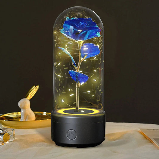Creative 2 In 1 Rose Flowers LED Light And Bluetooth-compatible Speaker Valentine's Day Gift Rose Luminous Night Light Ornament In Glass Cover Black Base Blue Flower