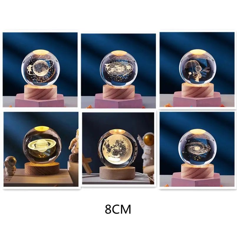 Crystal Ball 3D Inner Carved Solar System Glowing Night Lights Warm Bedside Light Festival And Kid Gift Night Lamp Set 8CM Ball And Base