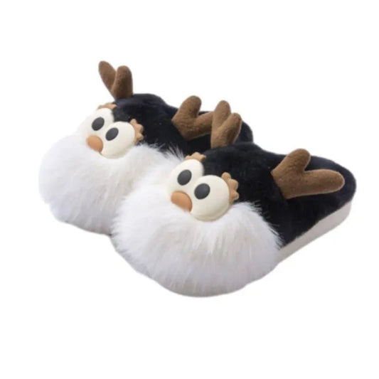 Cute Cartoon Christmas Deer Cotton Shoes Winter Indoor Floor Home Slippers Half-covered Heel Warm Plush Shoes Women Black 36to37