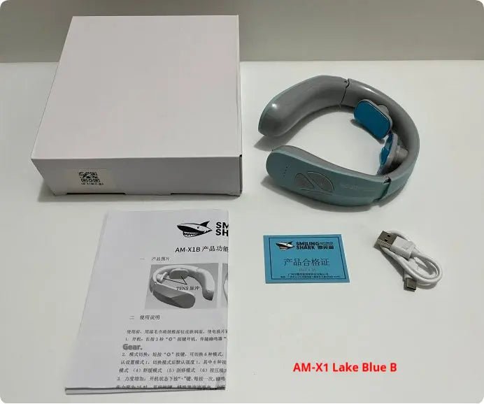 Electric Neck Massager EMS Pulse Rechargeable USB Cervical Traction Therapy Massage Stimulator Pain Relief Heating Function Lake Blue B Rechargeable