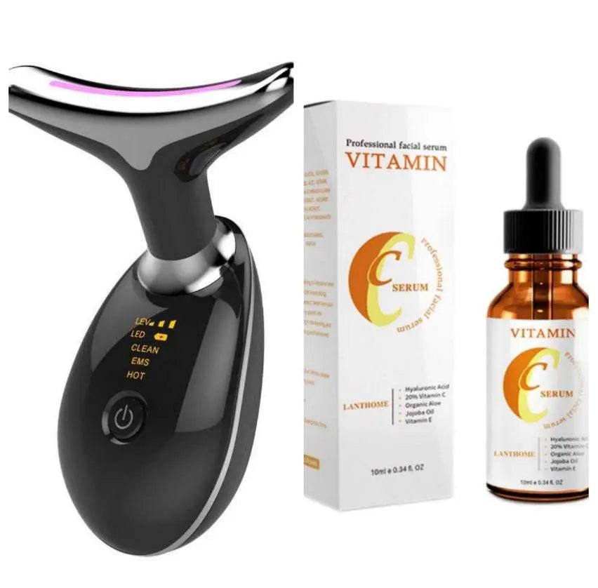 EMS Thermal Neck Lifting And Tighten Massager Electric Microcurrent Wrinkle Remover LED Photon Face Beauty Device For Woman Black Set4