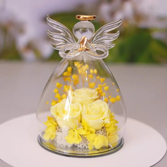Eternal Flower Gift Box Angel Glass Cover Dried Rose Gift Box For Christmas New Year Valentine's Day Home Decor Large angel yellow
