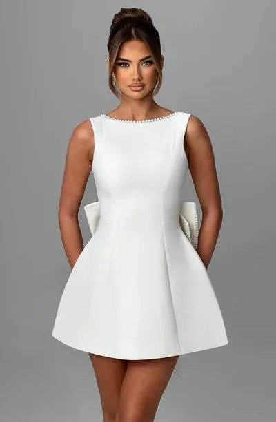Fashion Big-Bowed Pearls Backless Dress Summer Slim Sleeveless A-line Dresses For Party Evening Women's Clothing White