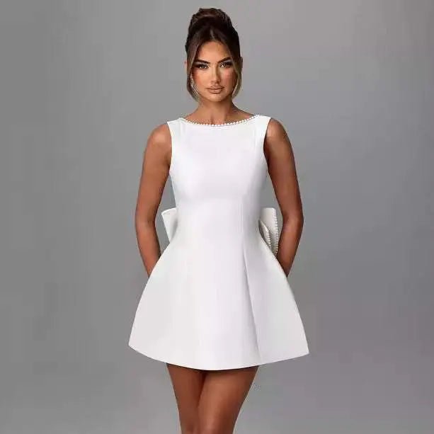 Fashion Big-Bowed Pearls Backless Dress Summer Slim Sleeveless A-line Dresses For Party Evening Women's Clothing White