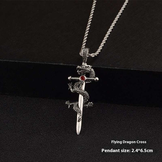 Fashion Jewelry Dragon Sword Pendant Necklace Paved Black Color Jewelry For Men Boy Christmas Gifts Dragon Cross
