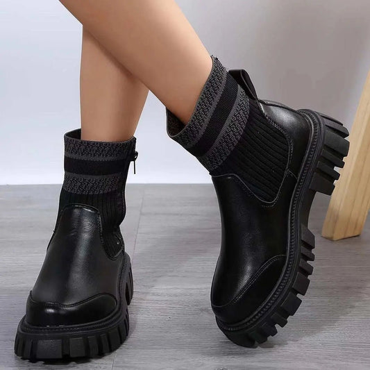 Fashion Mid-tube Boots With Zipper Design Non-slip Thick Sole Elastic Knitted Patchwork Boots For Women Round Toe Shoes Winter Black