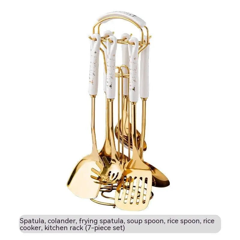 Light Luxury Kitchenware Cooking Seven-piece Ceramic Handle Stainless Steel Kitchen Supplies White