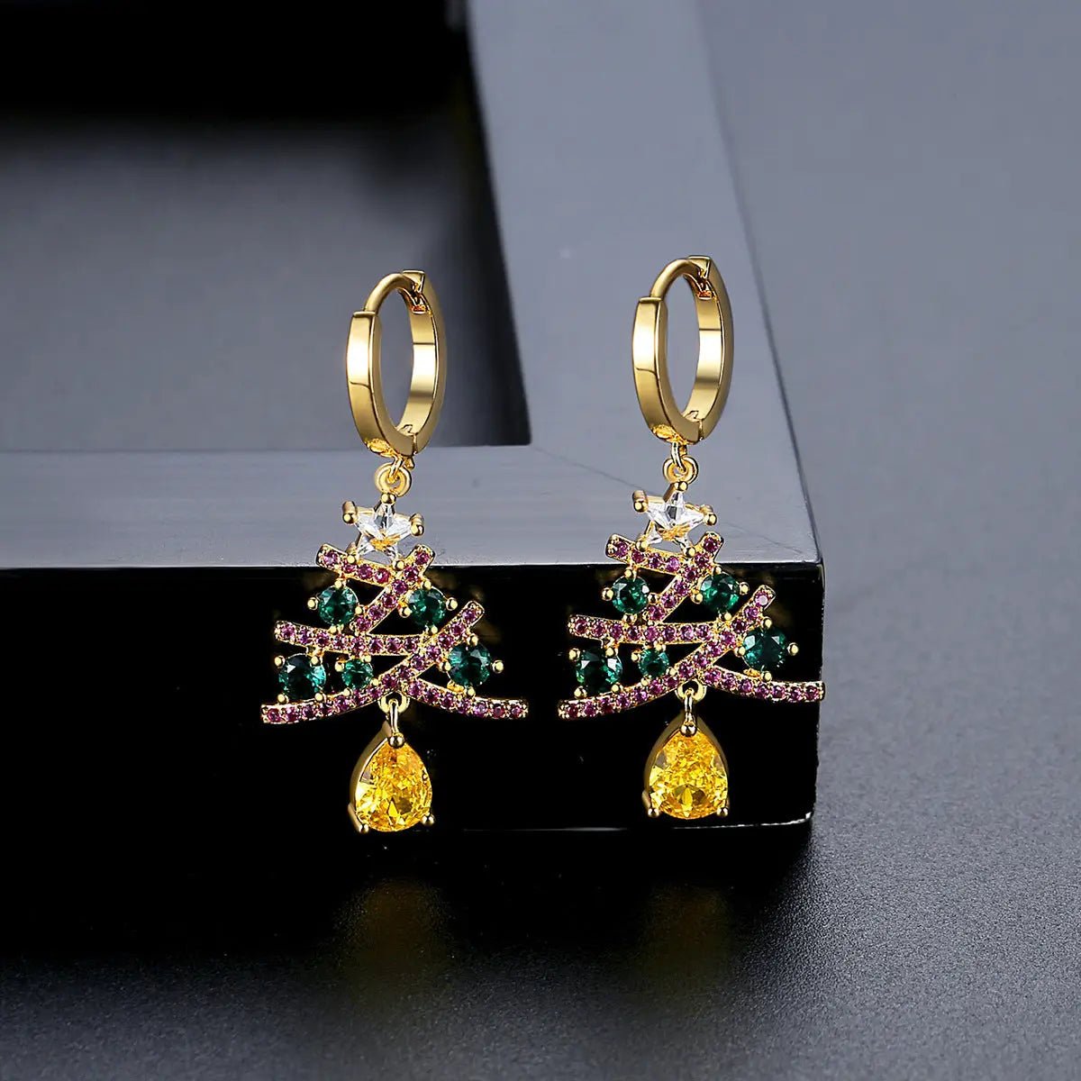 New Christmas Tree Earrings With Colorful Rhinestones Fashion Personality Shining Earrings Gift For Women Jewelry Gold