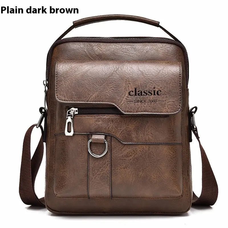Popular Men's Messenger Bag One Shoulder Retro Business Backpack PU Leather Flaps Crossbody Bags Business Flap Male Solid Travel Bag Dark Brown Classic