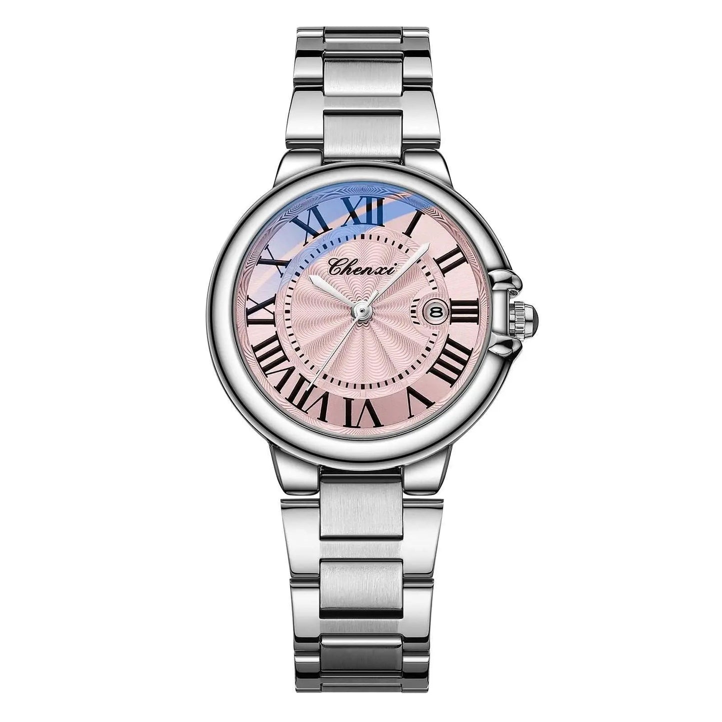 Roman Couple Watches Calendar Steel Belt Waterproof Luminous Classic Silver Pink For Women