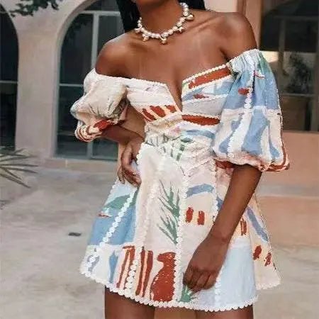 Women's Flower Print Lace Sling Dress Fashion V-neck Waist-baring Skirt Summer Clotjing Short sleeved style