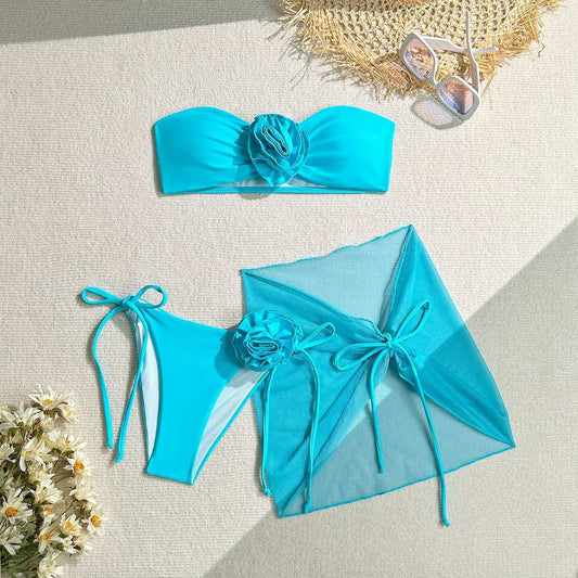Women's Tube Top With Three-dimensional Big Flower Tied Swimsuit Blue