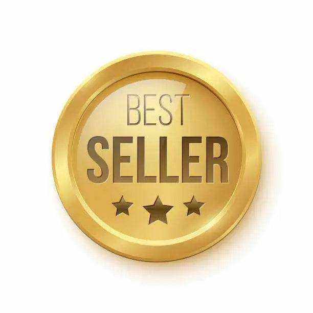 Gold best seller badge with three stars on white background