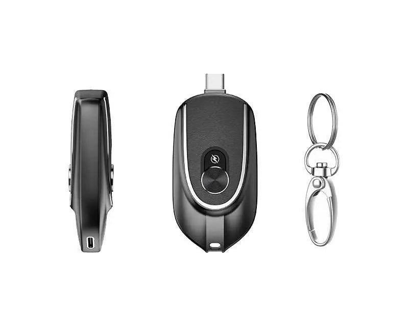 2 In 1 Mini Keychain Power Bank Keyring Hanging Buckle 2 Output Interfaces 5V 1200MAH Backup Power Bank Retractable Plug Waterproof Phone Charging Accessories Black USB