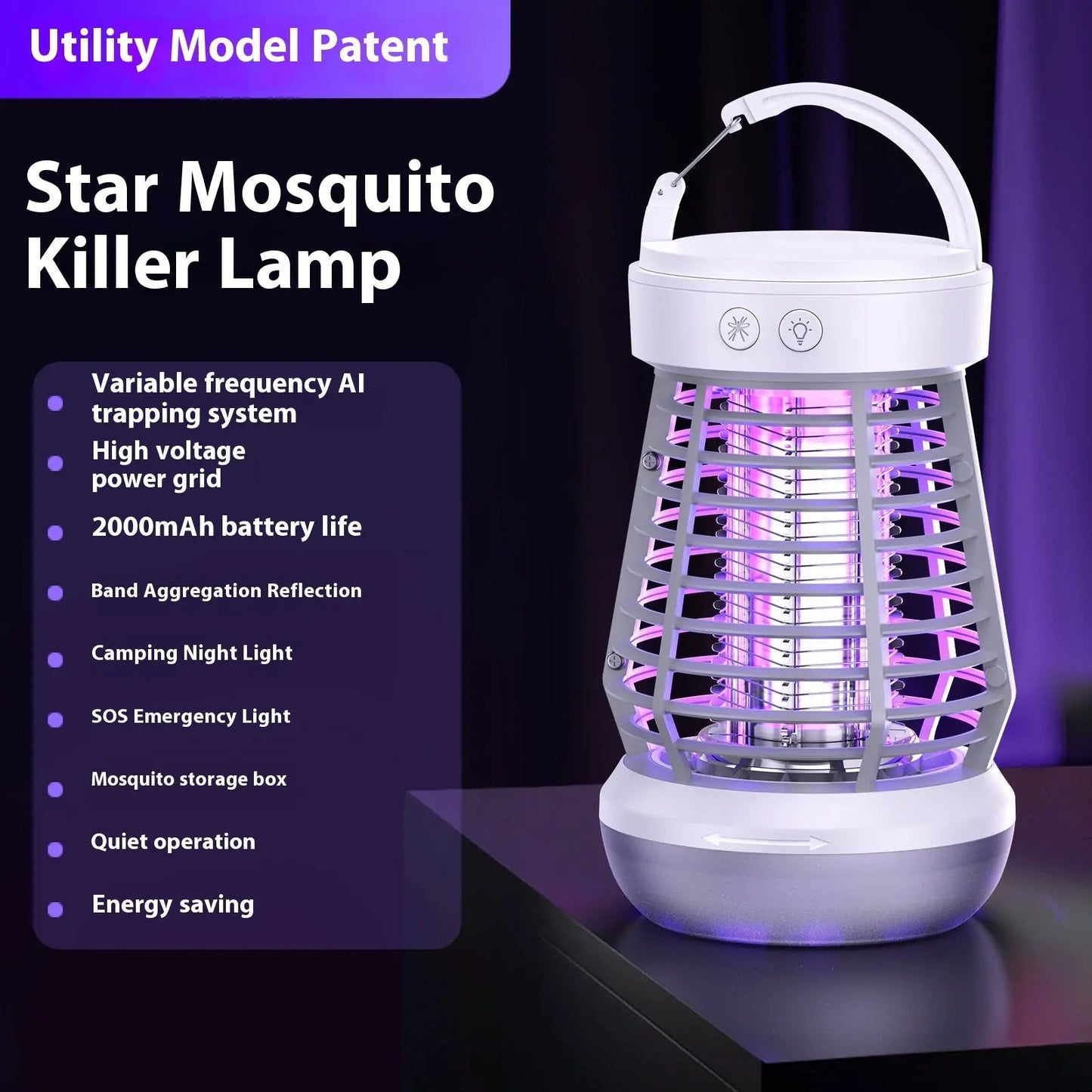 2in1 Mosquito Killer Lamp Electric Fly Catcher USB Rechargeable Electric Mosquito Swatter Electric Fly Trap With Night Light S0S Emergency Light Mosquito Killer Terrace Camping J10 White English Manual