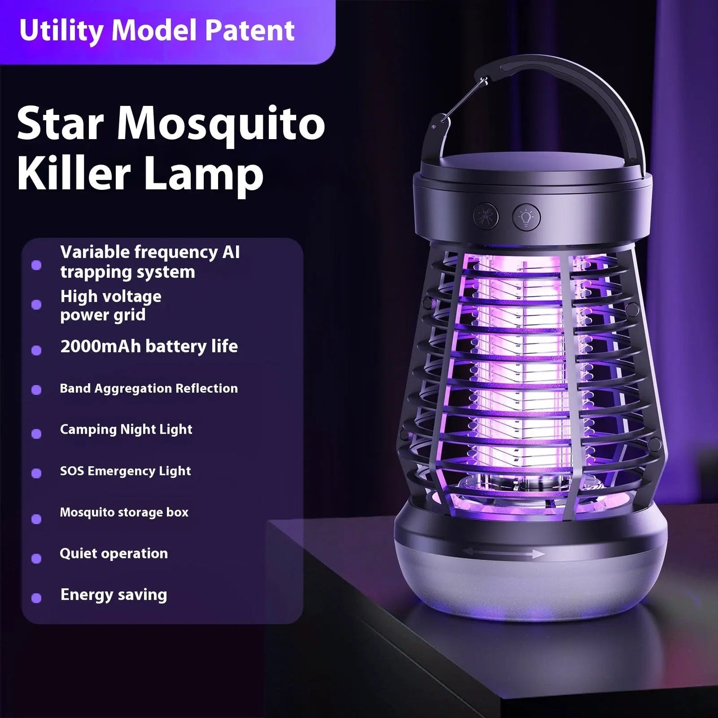 2in1 Mosquito Killer Lamp Electric Fly Catcher USB Rechargeable Electric Mosquito Swatter Electric Fly Trap With Night Light S0S Emergency Light Mosquito Killer Terrace Camping J10 Black English Manual