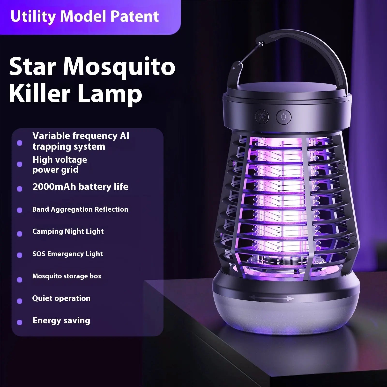2in1 Mosquito Killer Lamp Electric Fly Catcher USB Rechargeable Electric Mosquito Swatter Electric Fly Trap With Night Light S0S Emergency Light Mosquito Killer Terrace Camping J10 Black English Manual