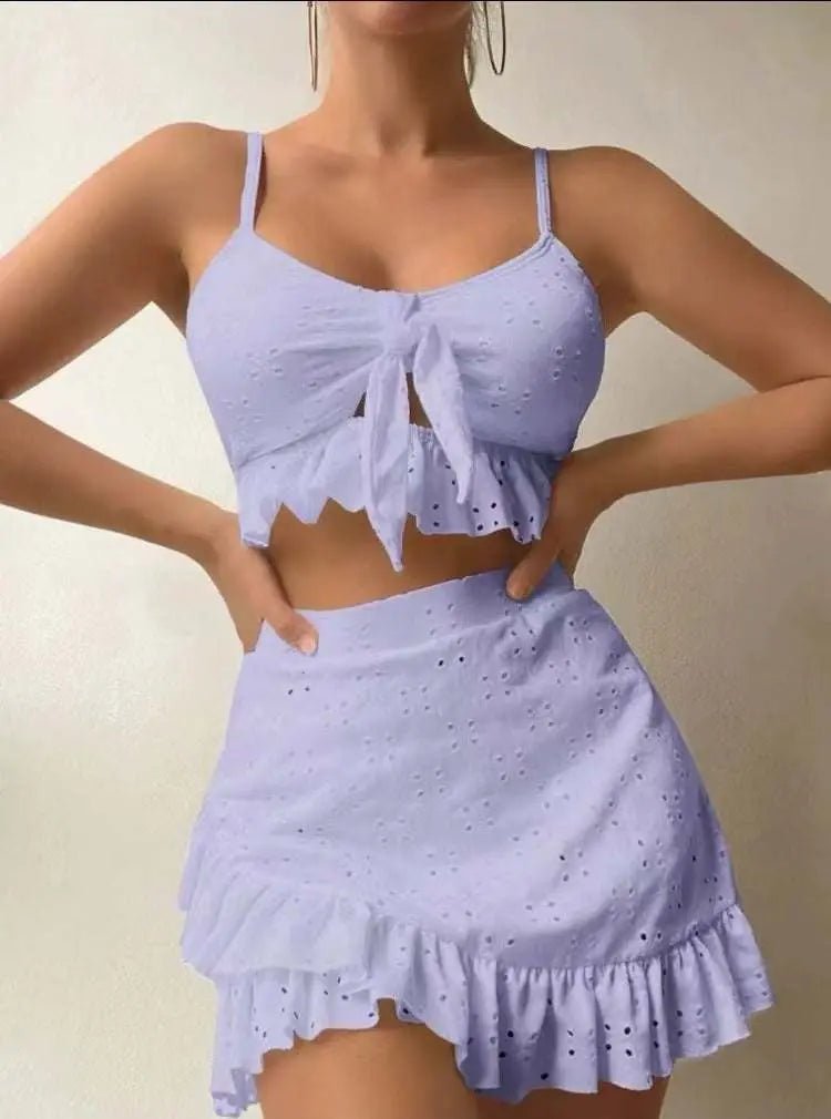 3pcs Beach Bikini With Hip-hugging Skirt Fashion Ruffle Design Swimsuit Set Summer Womens Clothing Light Purple