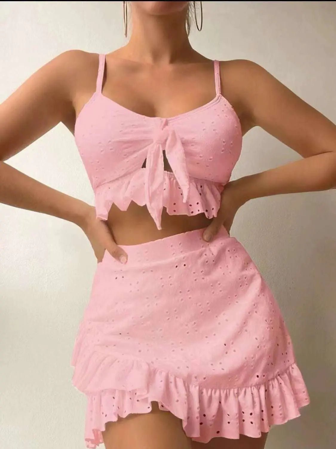 3pcs Beach Bikini With Hip-hugging Skirt Fashion Ruffle Design Swimsuit Set Summer Womens Clothing Pink