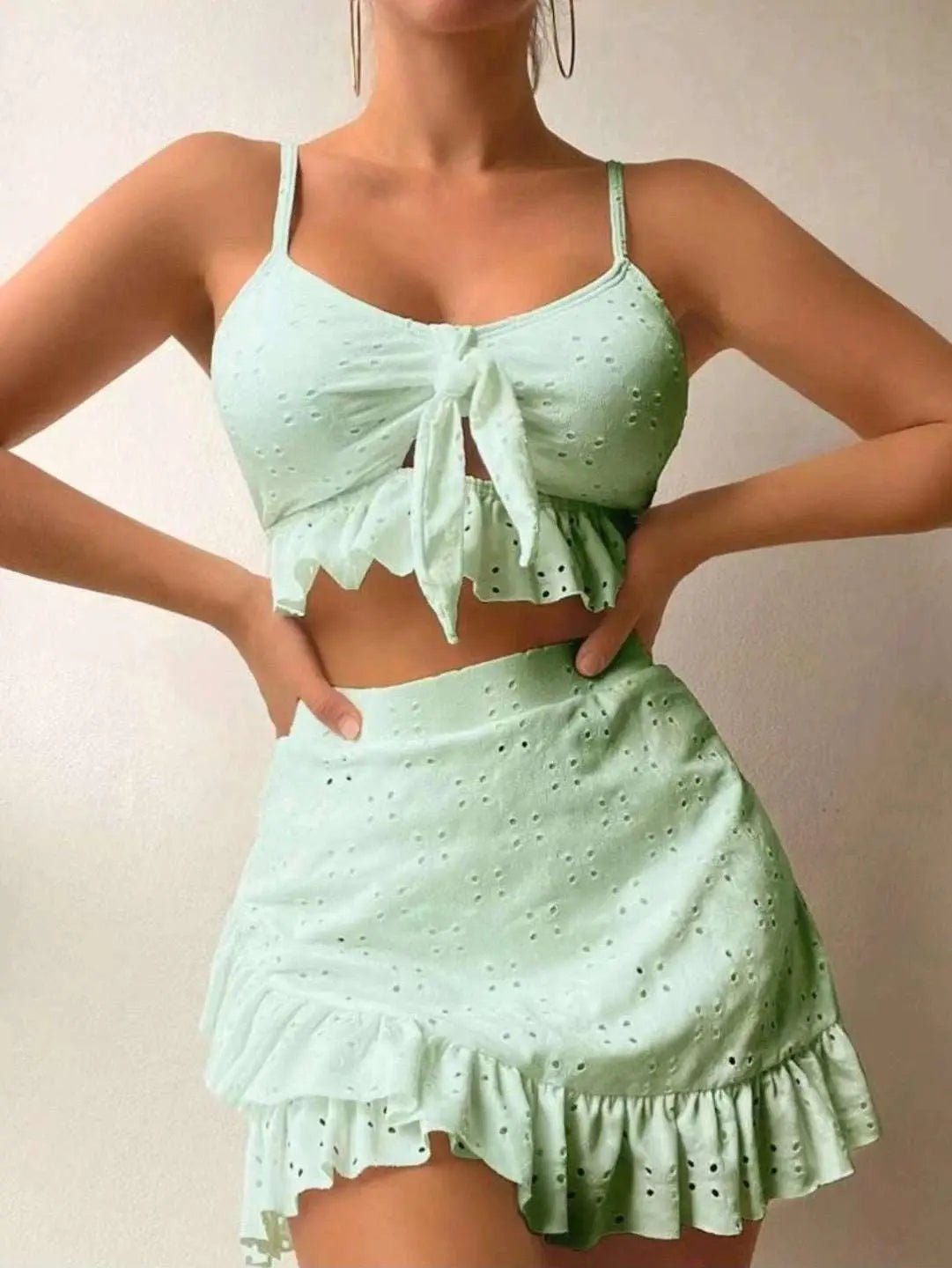 3pcs Beach Bikini With Hip-hugging Skirt Fashion Ruffle Design Swimsuit Set Summer Womens Clothing Turquoise