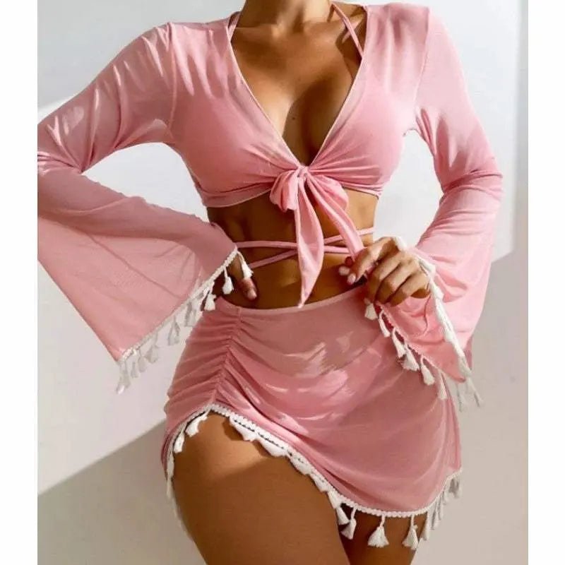 4pcs Solid Color Bikini With Short Skirt And Long Sleeve Cover-up Fashion Bow Tie Fringed Swimsuit Set Summer Beach Womens Clothing Pink