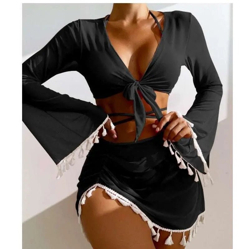 4pcs Solid Color Bikini With Short Skirt And Long Sleeve Cover-up Fashion Bow Tie Fringed Swimsuit Set Summer Beach Womens Clothing Black