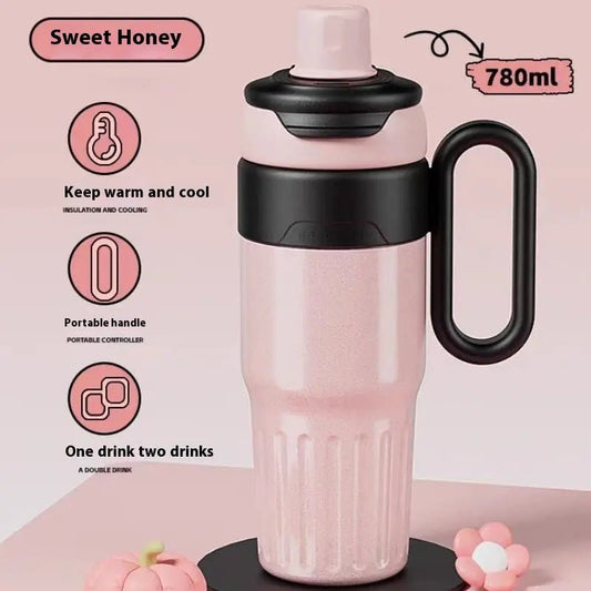 780ml Gradient Double Drink Thermal Cup Stainless Steel With Lid Coffee Cup Thermos Large Capacity Straw Cup For Male And Female Pink 780ml