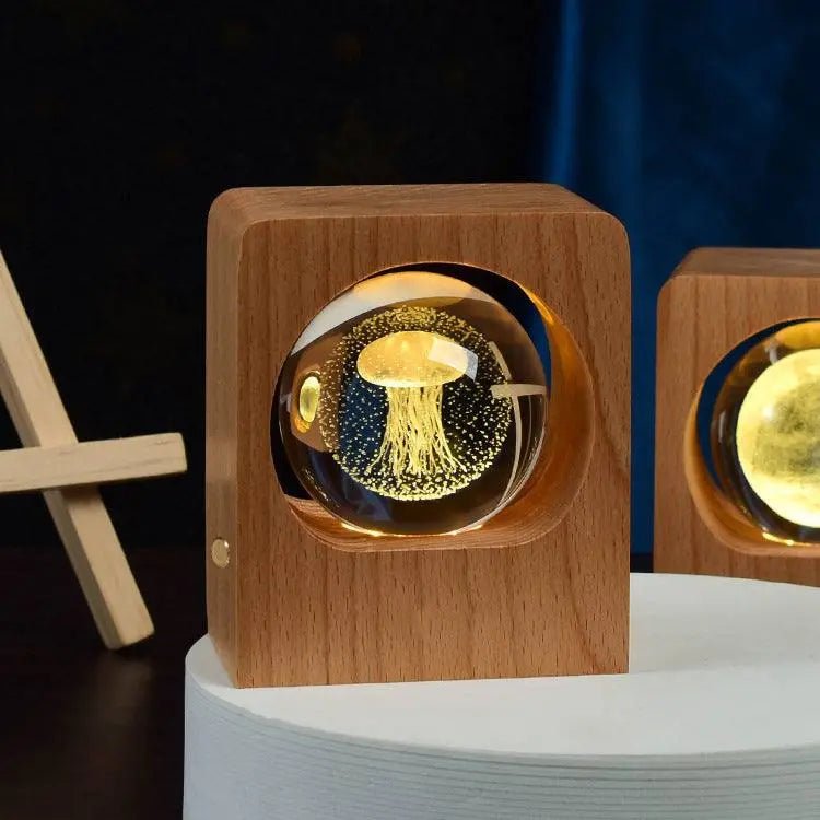 Beech Crystal Ball Night Light 3D Laser Engraving Elk Jellyfish LED Nightlights USB Dimmable Lamp For Bedroom Decoration Gifts Home Decor Jellyfish 6cm Usb Connection