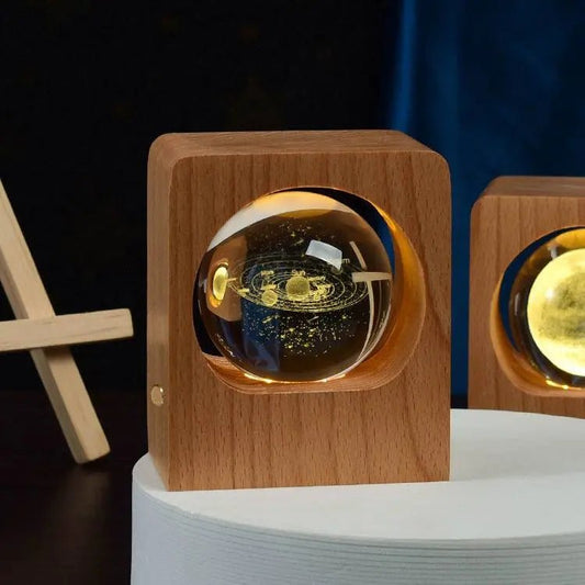 Beech Crystal Ball Night Light 3D Laser Engraving Elk Jellyfish LED Nightlights USB Dimmable Lamp For Bedroom Decoration Gifts Home Decor Solar System 6cm Usb Connection