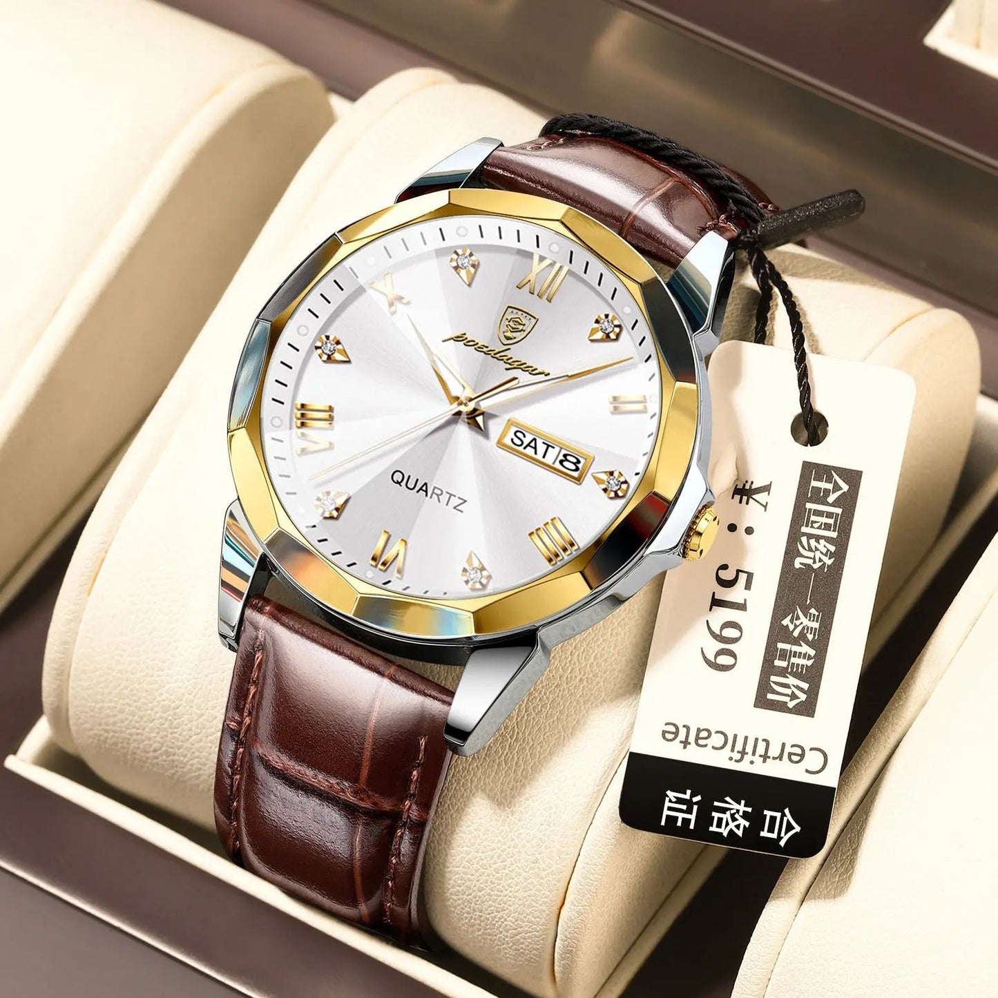 Belt Style Men's Waterproof Luminous Fashion Quartz Watch Golden White