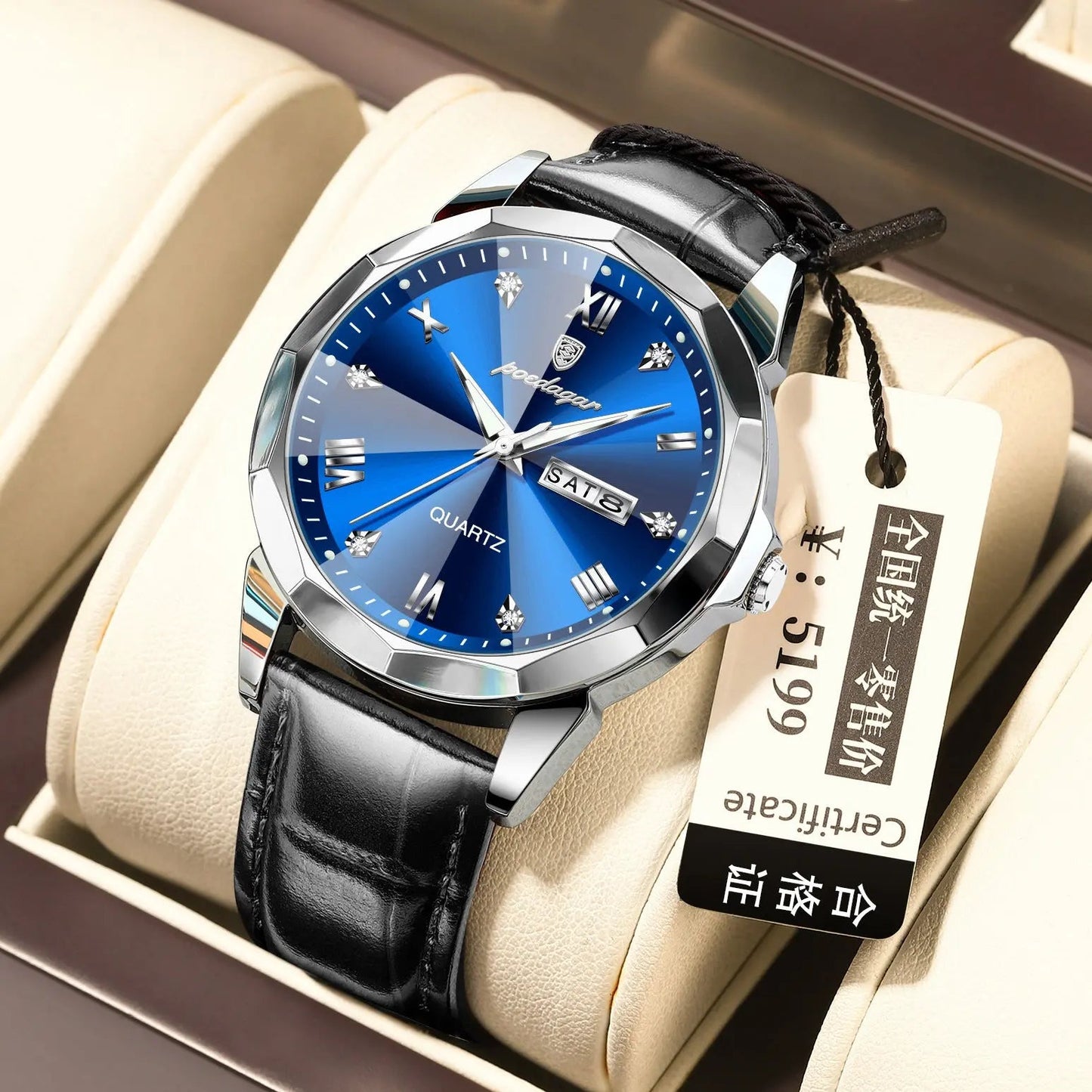 Belt Style Men's Waterproof Luminous Fashion Quartz Watch Silver Blue