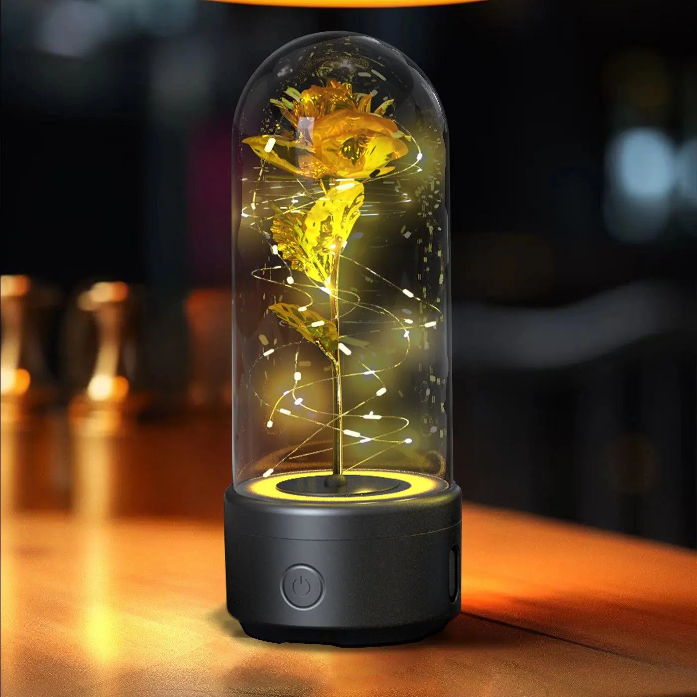 Creative 2 In 1 Rose Flowers LED Light And Bluetooth-compatible Speaker Valentine's Day Gift Rose Luminous Night Light Ornament In Glass Cover Black Base Gold Flower