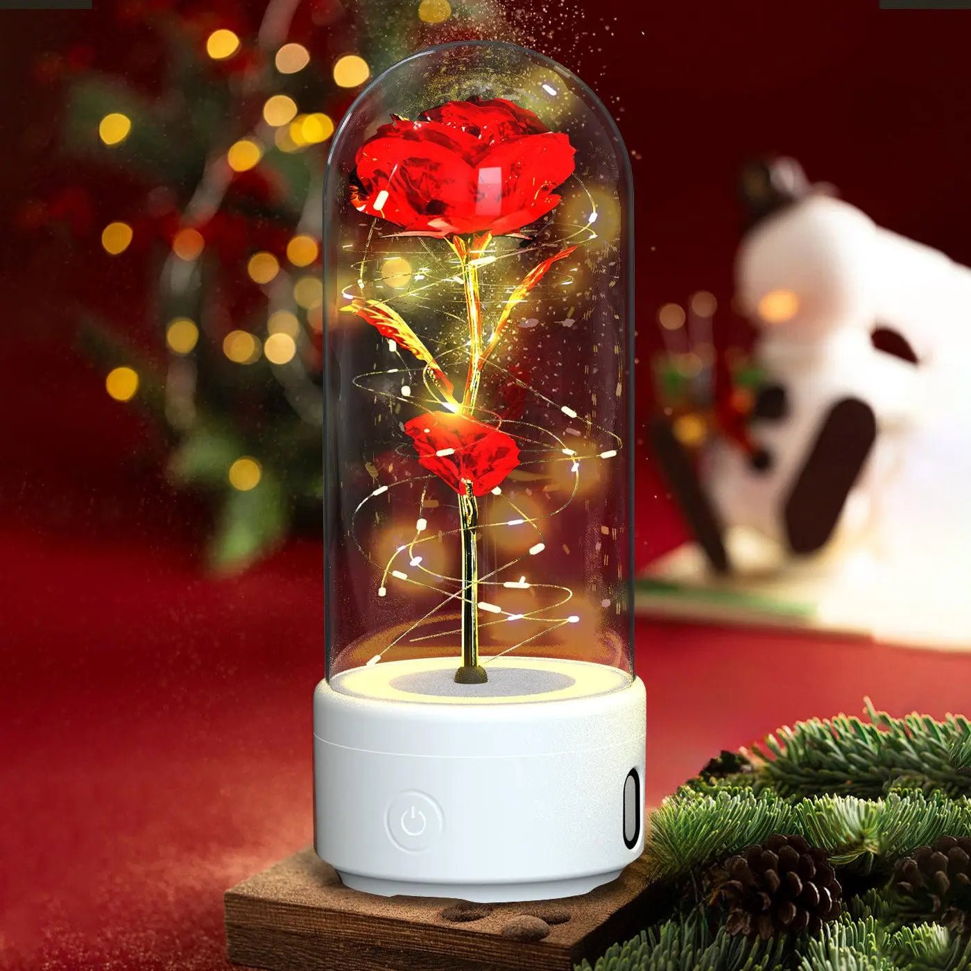 Creative 2 In 1 Rose Flowers LED Light And Bluetooth-compatible Speaker Valentine's Day Gift Rose Luminous Night Light Ornament In Glass Cover White Base Red Flower