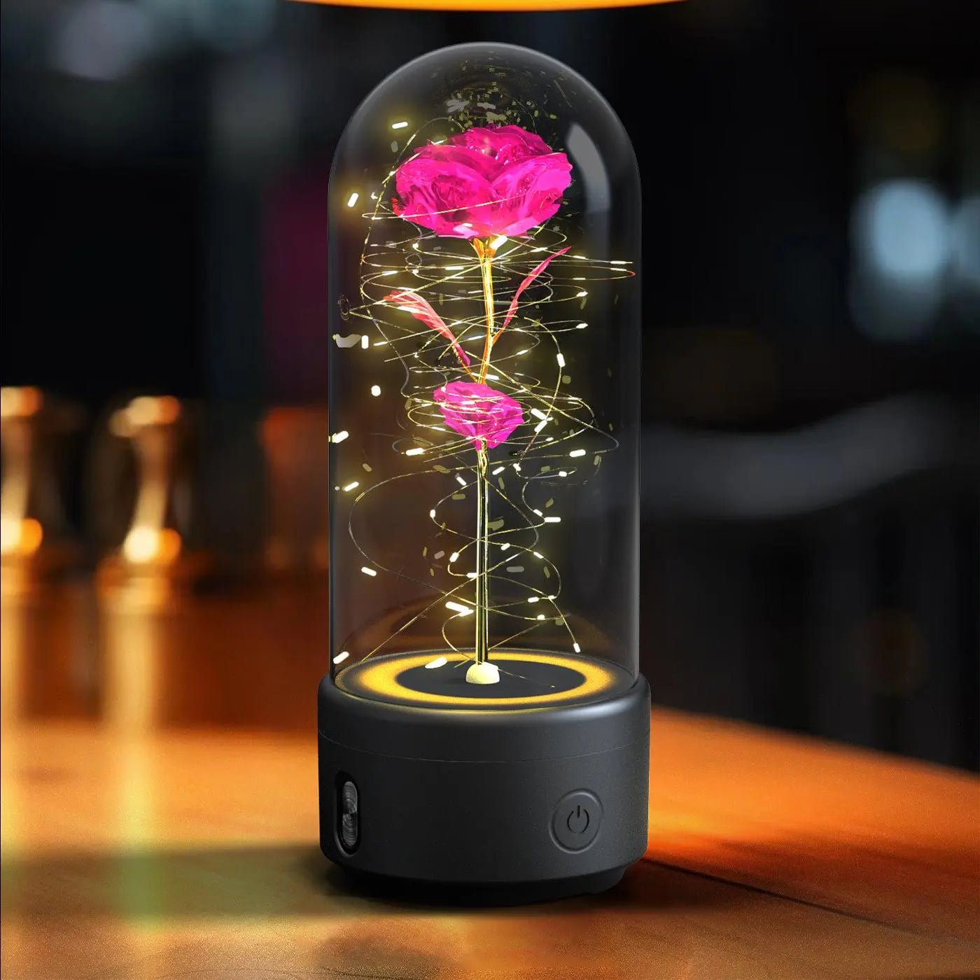 Creative 2 In 1 Rose Flowers LED Light And Bluetooth-compatible Speaker Valentine's Day Gift Rose Luminous Night Light Ornament In Glass Cover Black Base Color Flower