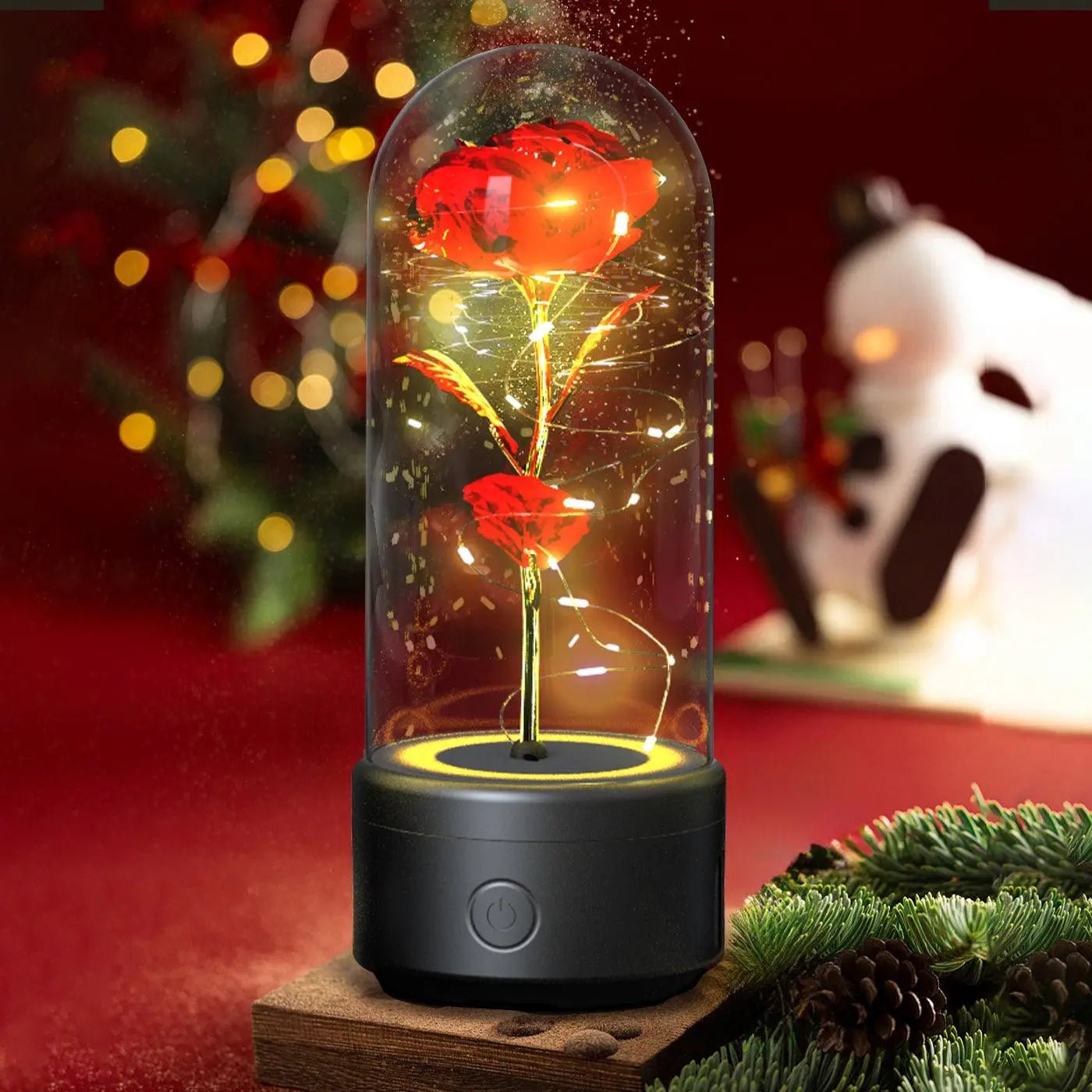 Creative 2 In 1 Rose Flowers LED Light And Bluetooth-compatible Speaker Valentine's Day Gift Rose Luminous Night Light Ornament In Glass Cover Black Base Red Flower