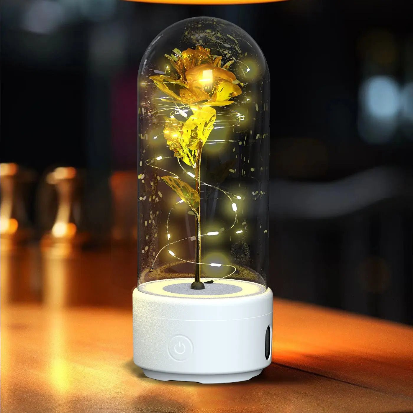 Creative 2 In 1 Rose Flowers LED Light And Bluetooth-compatible Speaker Valentine's Day Gift Rose Luminous Night Light Ornament In Glass Cover White Base Gold Flower