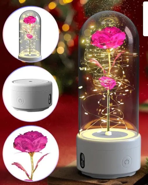 Creative 2 In 1 Rose Flowers LED Light And Bluetooth-compatible Speaker Valentine's Day Gift Rose Luminous Night Light Ornament In Glass Cover White Base Color Flower