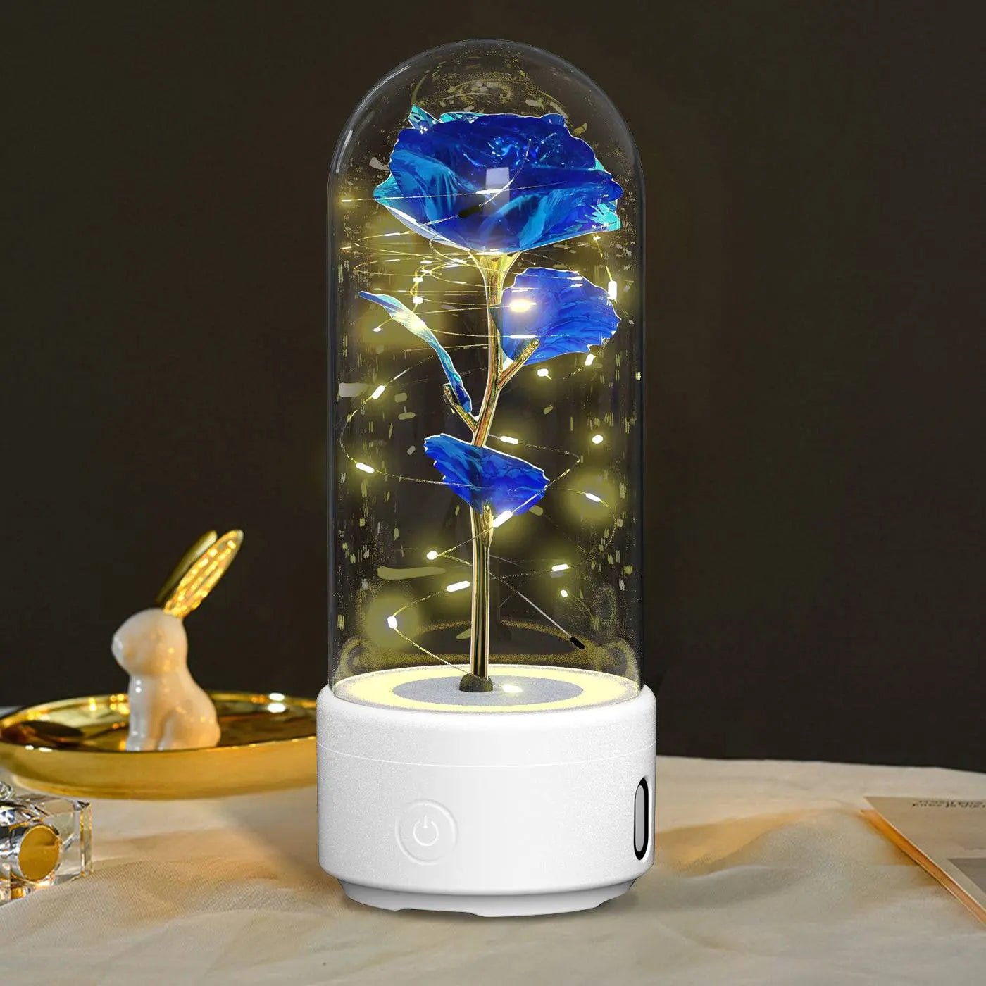 Creative 2 In 1 Rose Flowers LED Light And Bluetooth-compatible Speaker Valentine's Day Gift Rose Luminous Night Light Ornament In Glass Cover White Base Blue Flower