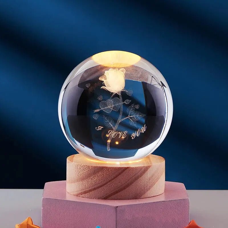 Crystal Ball 3D Inner Carved Solar System Glowing Night Lights Warm Bedside Light Festival And Kid Gift Night Lamp Rose