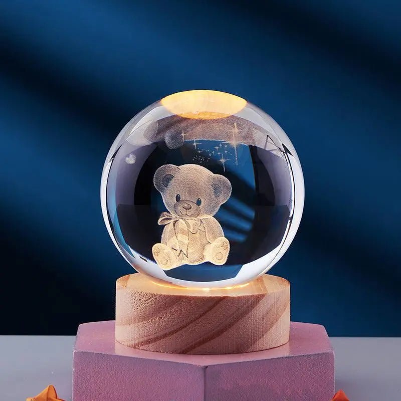Crystal Ball 3D Inner Carved Solar System Glowing Night Lights Warm Bedside Light Festival And Kid Gift Night Lamp Teddy Bear