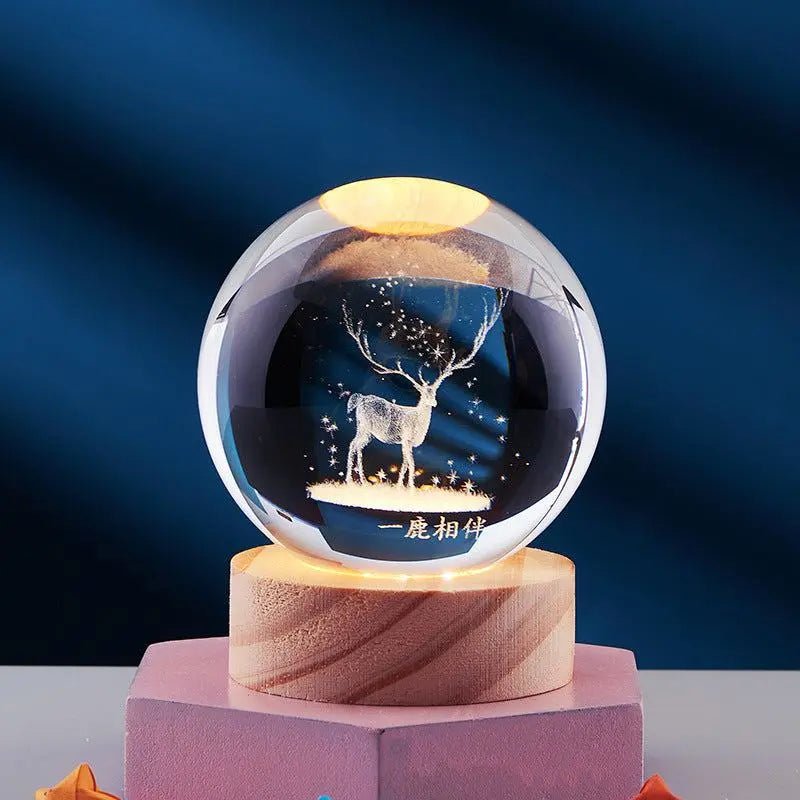 Crystal Ball 3D Inner Carved Solar System Glowing Night Lights Warm Bedside Light Festival And Kid Gift Night Lamp A Deer Accompanied