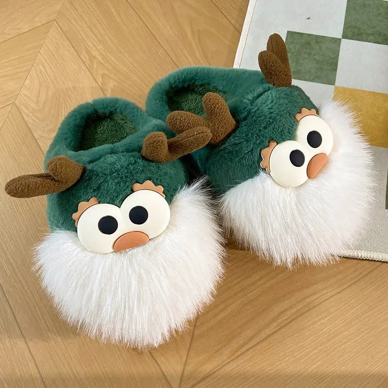 Cute Cartoon Christmas Deer Cotton Shoes Winter Indoor Floor Home Slippers Half-covered Heel Warm Plush Shoes Women Green