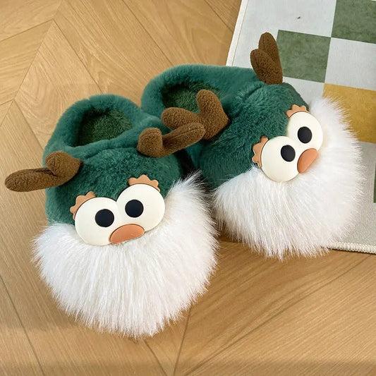 Cute Cartoon Christmas Deer Cotton Shoes Winter Indoor Floor Home Slippers Half-covered Heel Warm Plush Shoes Women Green