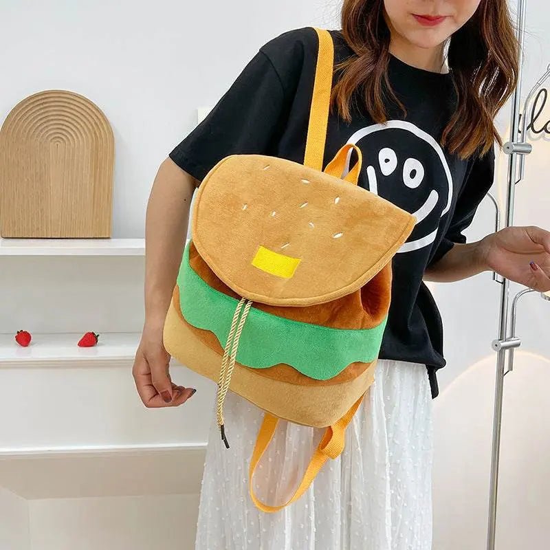 Cute Hamburger Plush Backpack Soft Cartoon Burger Plush Coin Purse Girls Kindergarten School Bookbag Children Kids Pack Large Size Free Size