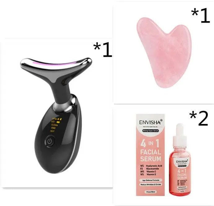 EMS Thermal Neck Lifting And Tighten Massager Electric Microcurrent Wrinkle Remover LED Photon Face Beauty Device For Woman Black Set2