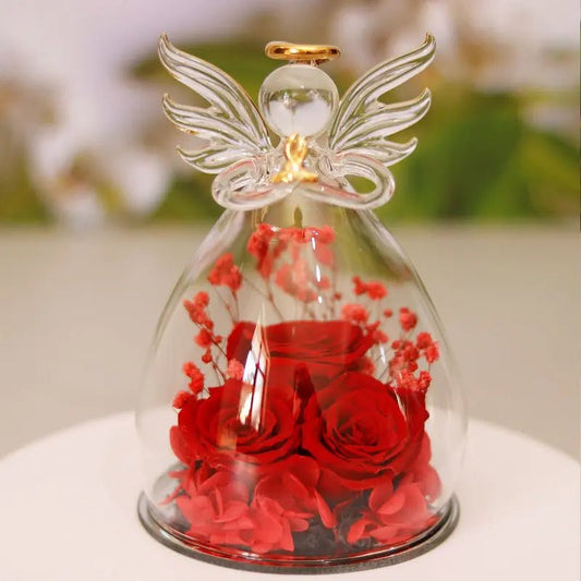 Eternal Flower Gift Box Angel Glass Cover Dried Rose Gift Box For Christmas New Year Valentine's Day Home Decor Large angel red